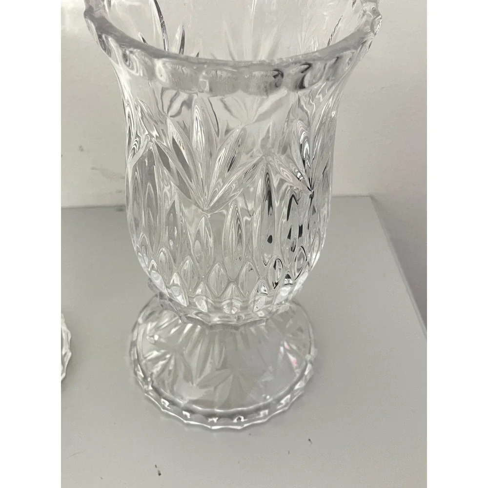 Vintage Hurricane Candle Holder Set  Clear Glass‎ Starburst Pressed Pattern